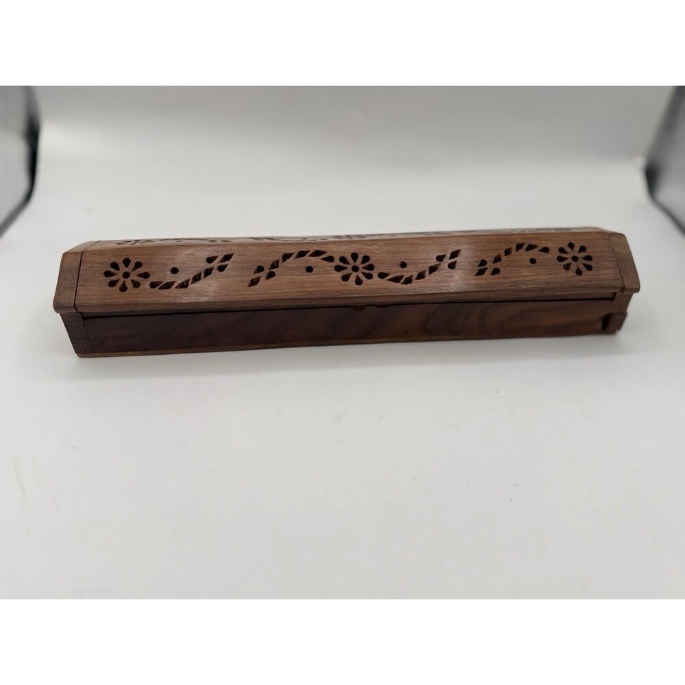 Hand Carved Wooden Incense Burner For Long Incense Closed Vented Lid Dump Gate